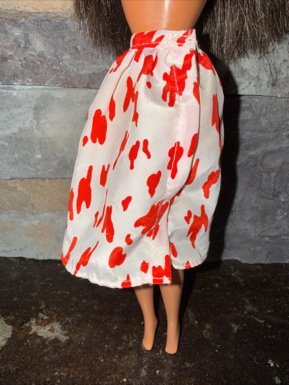 Barbie Vinatge white silk wrap skirt red cow print snap close